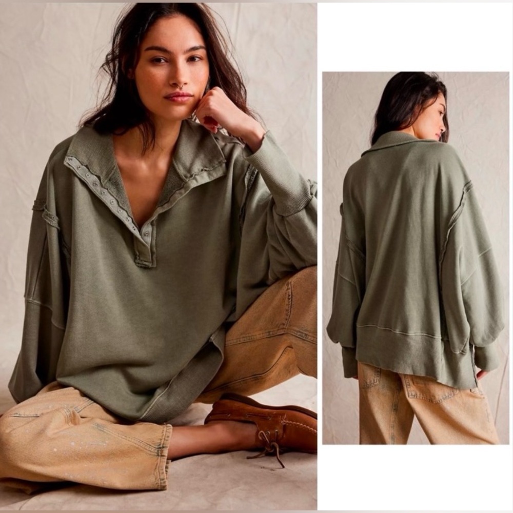 ▪️NWT Free People Camden Henley Sweatshirt in Laurel Oak - Picture 3 of 10